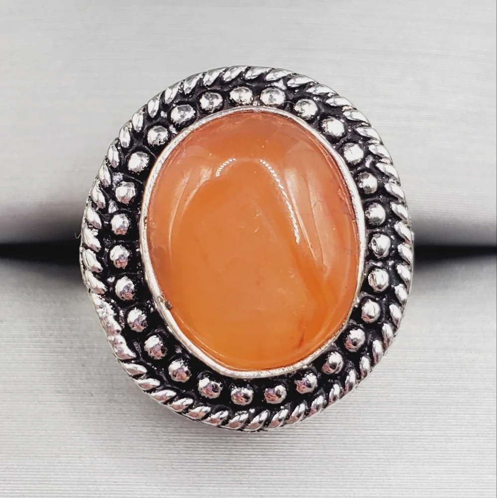 Genuine Bezel Set Orange Carnelian 925 Sterling Silver Ring